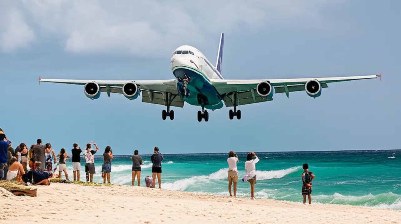 Um grande avião comercial pousando sobre a areia da praia de Maho Beach.