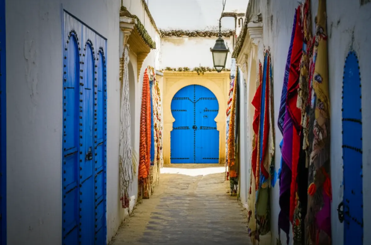 Um beco estreito e colorido no coração da Medina de Tunes.