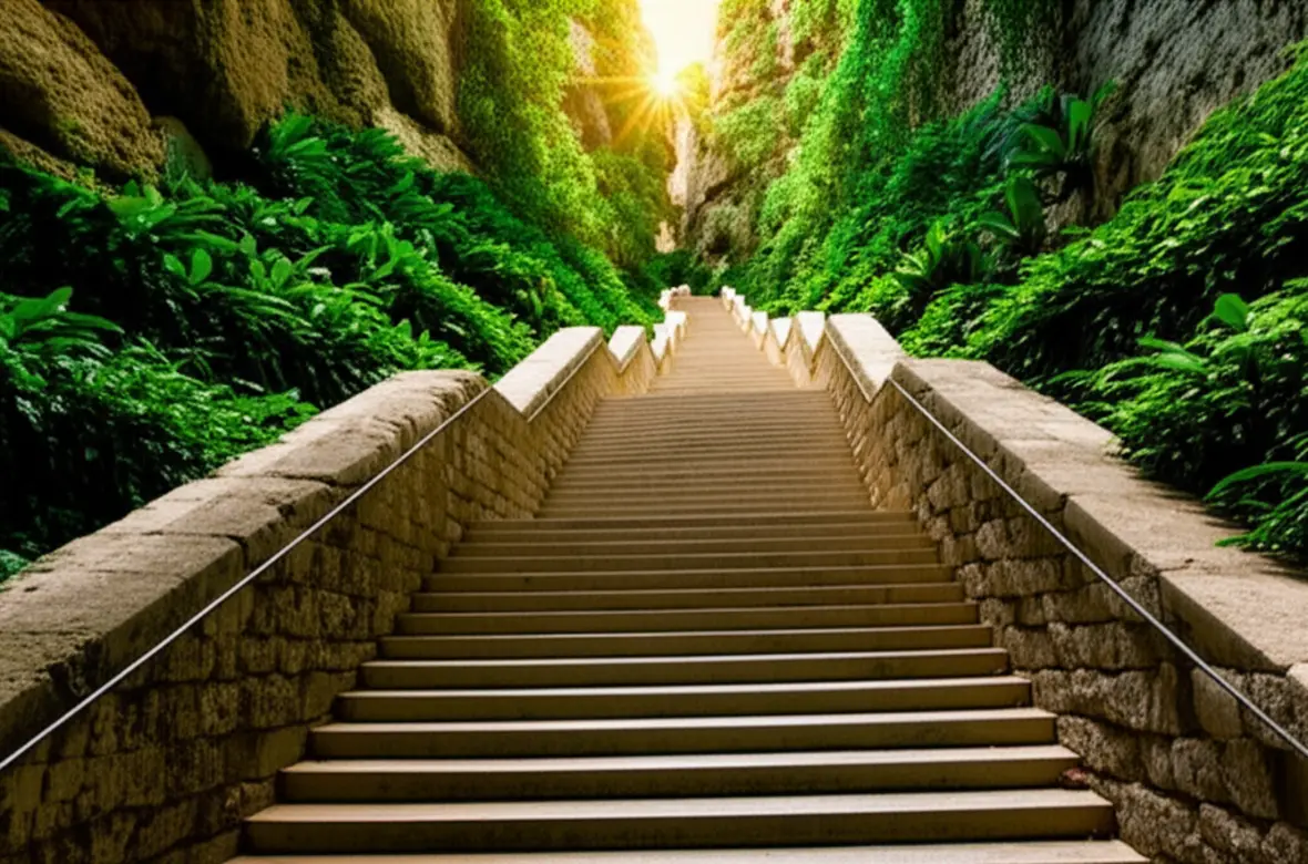 A icônica Escadaria da Rainha (Queen's Staircase) cercada por vegetação tropical.