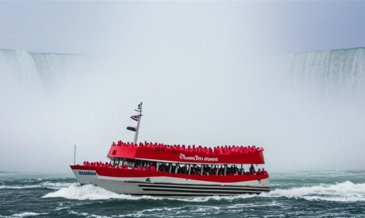 Barco de turismo navegando próximo à queda d'água de Niagara Falls.