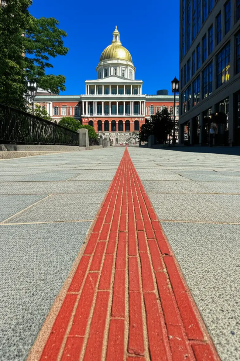 A linha vermelha da Freedom Trail em frente ao Massachusetts State House em Boston.