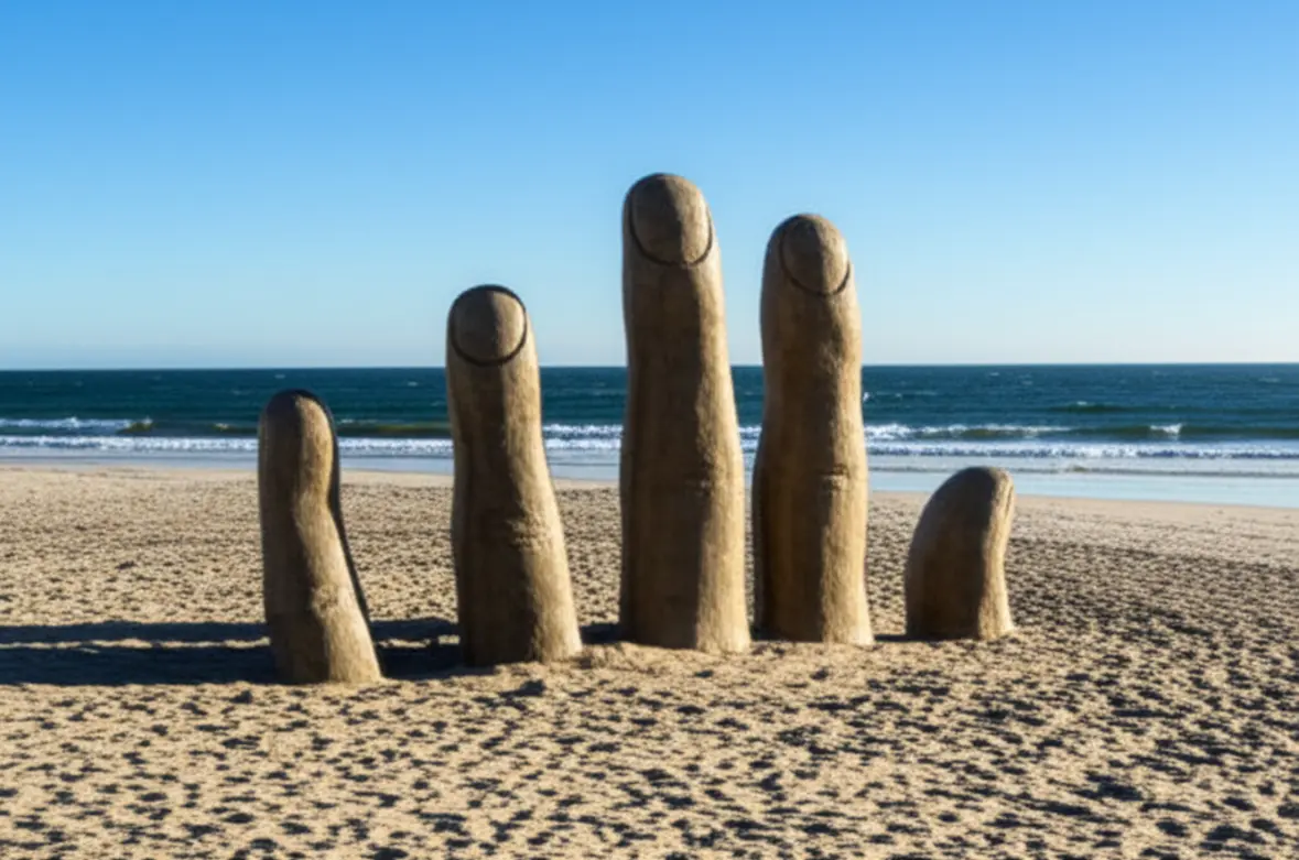 Escultura Los Dedos na areia da Playa Brava em Punta del Este.