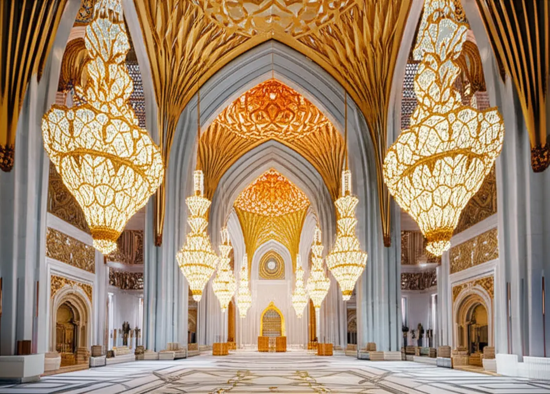 Interior luxuoso e dourado do palácio Qasr Al Watan em Abu Dhabi.