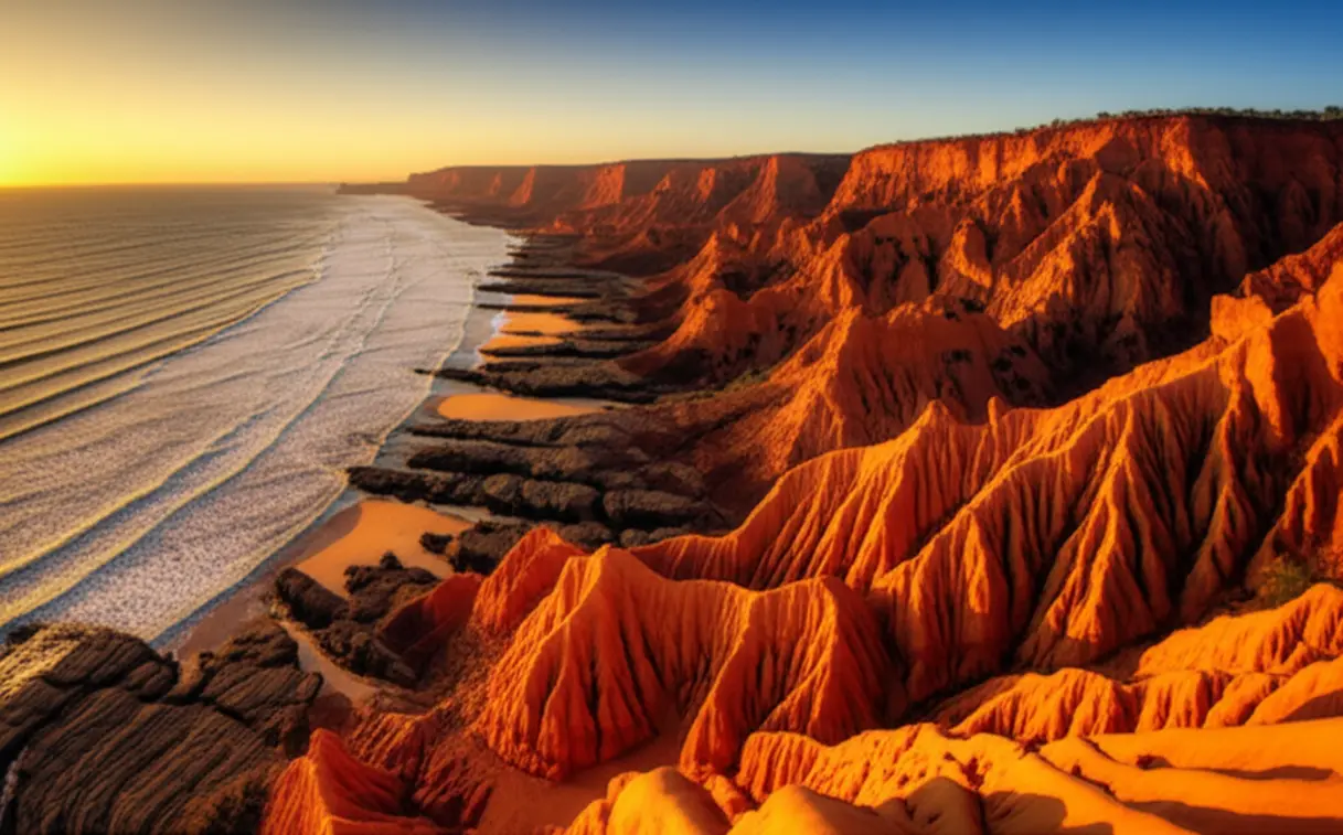 As falésias avermelhadas do Miradouro da Lua em Luanda sob o pôr do sol.
