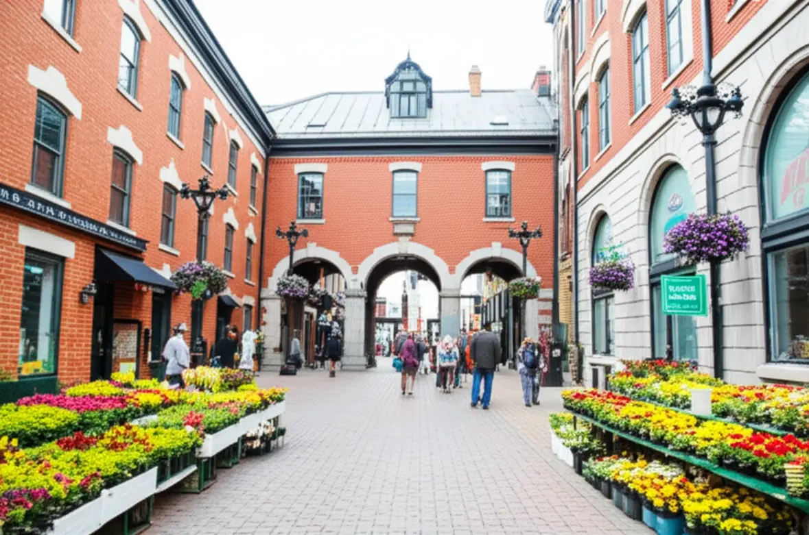 Entrada histórica do ByWard Market em Ottawa com movimento de pessoas.