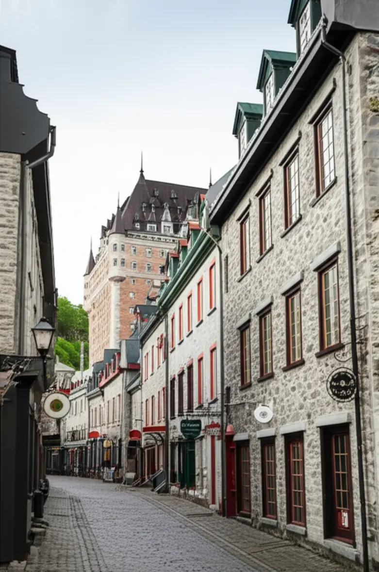 Vista da charmosa Rua Petit-Champlain com suas boutiques e arquitetura histórica em Quebec City.