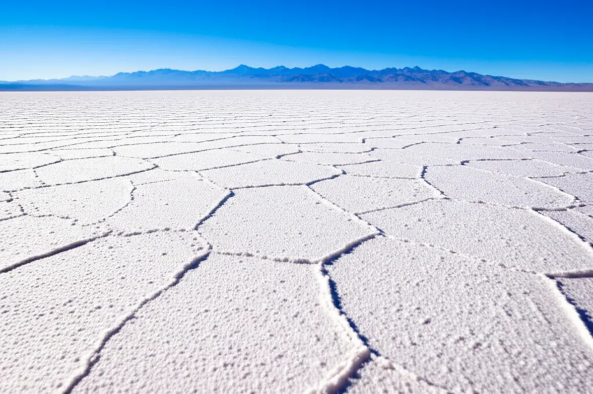 Deserto de sal branco e brilhante das Salinas Grandes com montanhas ao fundo.