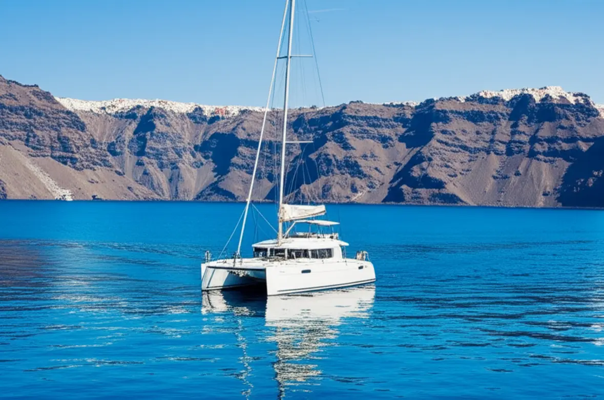 Catamarã navegando no Mar Egeu com falésias vulcânicas de Santorini ao fundo.