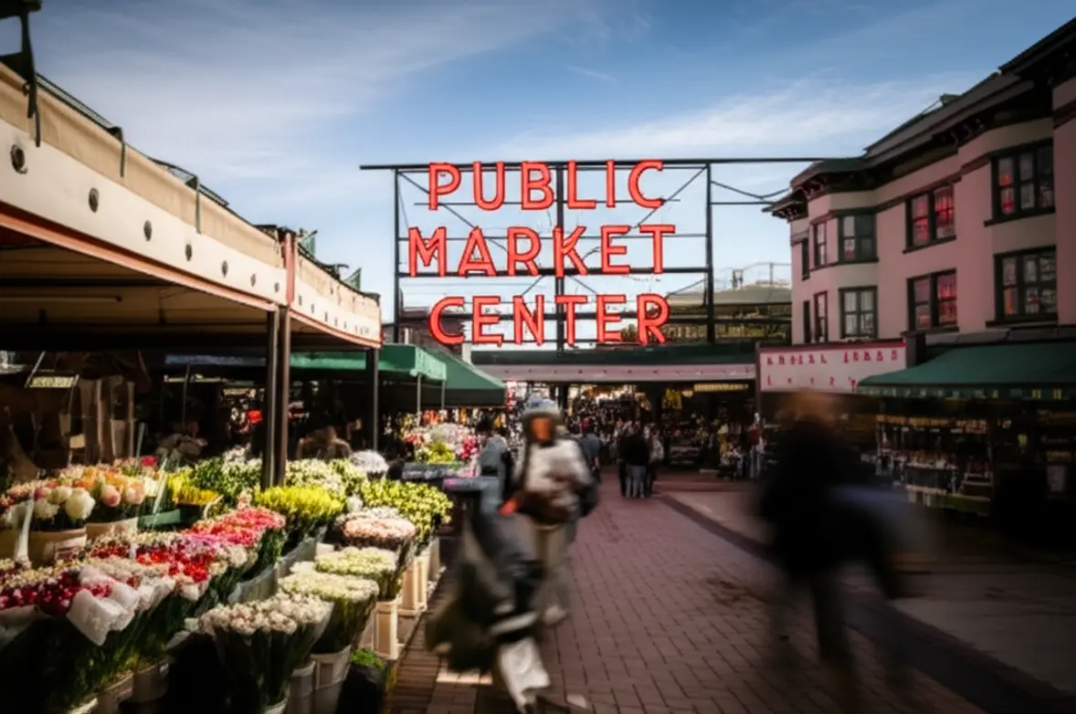 O icônico letreiro de neon vermelho do Pike Place Market em Seattle.