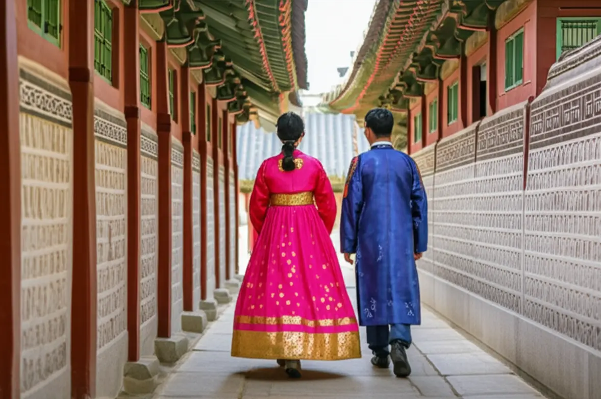 Pessoas usando trajes tradicionais Hanbok no Palácio Gyeongbokgung em Seul.