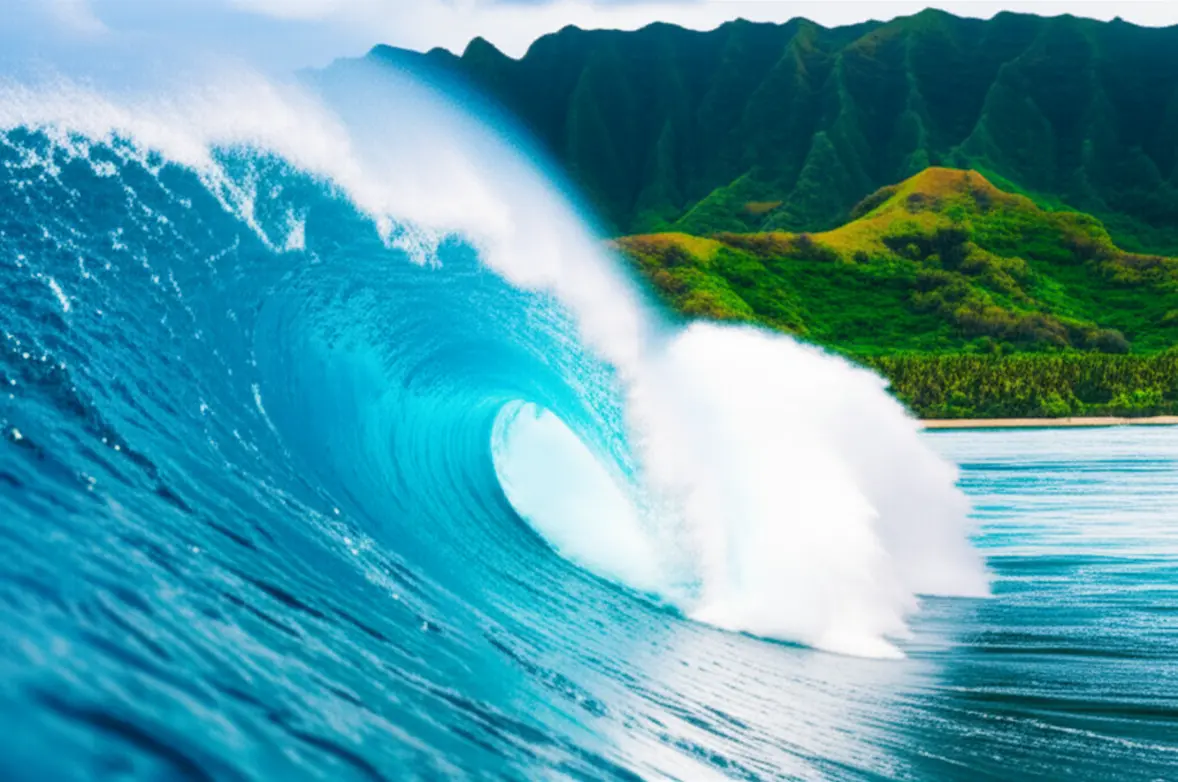 Vista aérea da lendária onda de Teahupo'o no Tahiti com montanhas ao fundo.