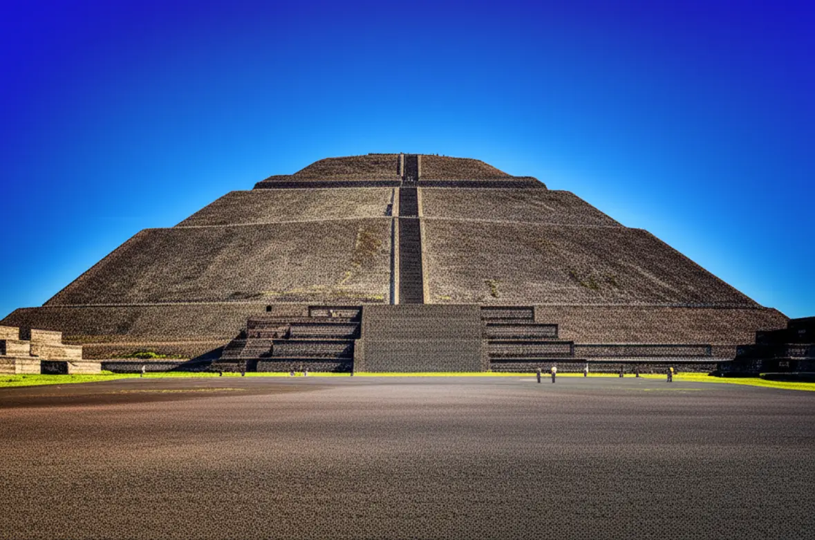 A monumental Pirâmide do Sol no sítio arqueológico de Teotihuacán sob um céu azul.