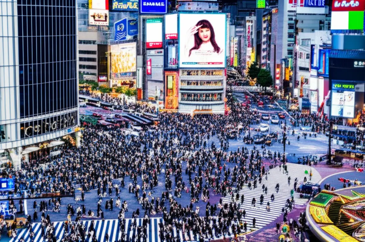 Vista aérea do cruzamento de Shibuya com luzes de neon e pedestres.