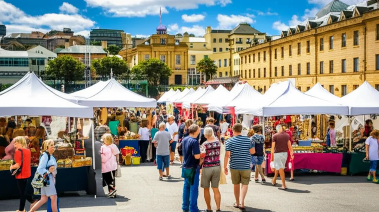 Pessoas passeando no vibrante Mercado de Salamanca em Hobart entre barracas e prédios históricos.