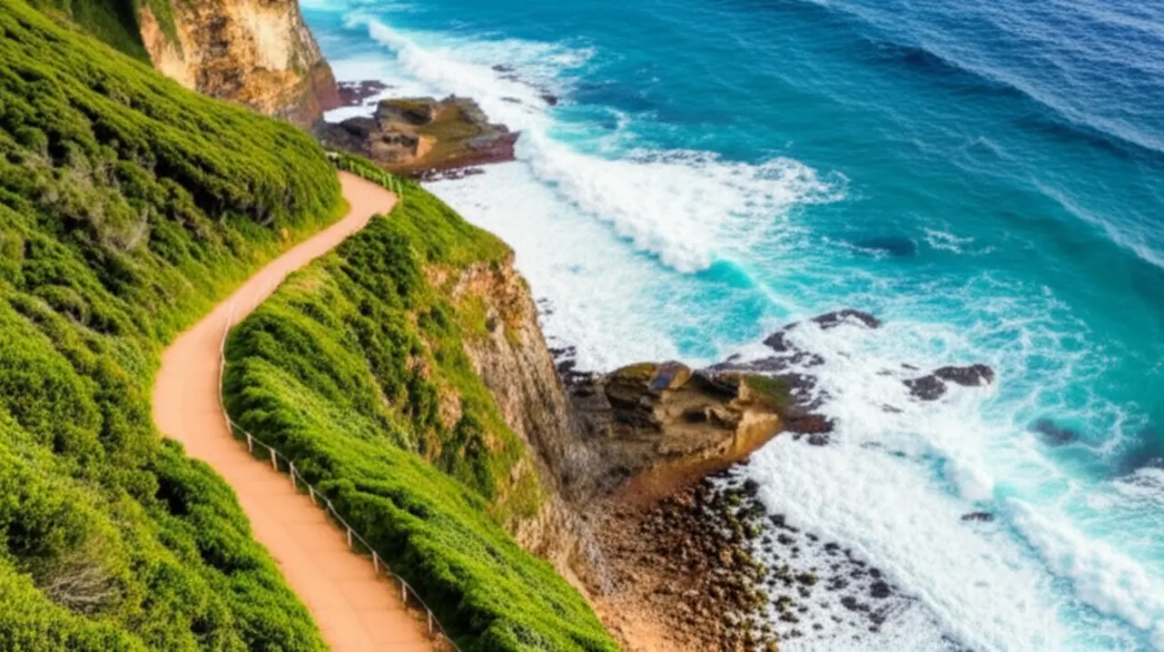 Vista panorâmica da trilha Cape Byron Walking Track com o oceano turquesa ao fundo.