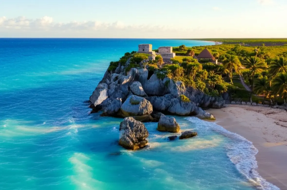 As ruínas maias de Tulum de frente para o mar azul turquesa.