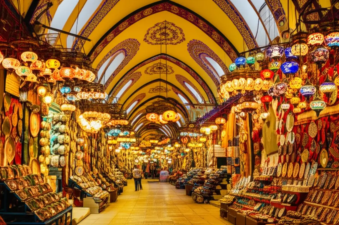 Corredor interno do Grande Bazar de Istambul repleto de lanternas de mosaico coloridas e artesanais.