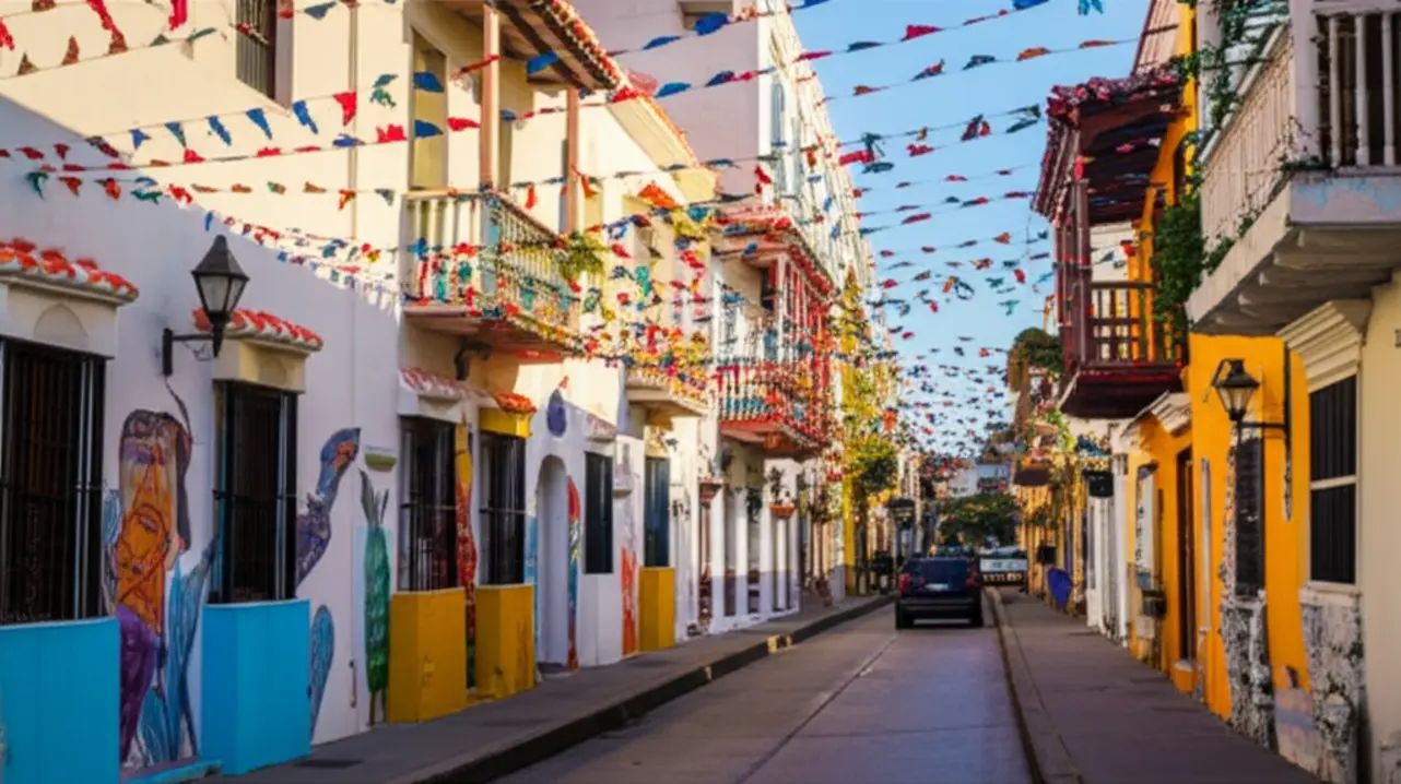 Rua colorida no bairro de Getsemaní com bandeirinhas penduradas e murais de arte urbana.