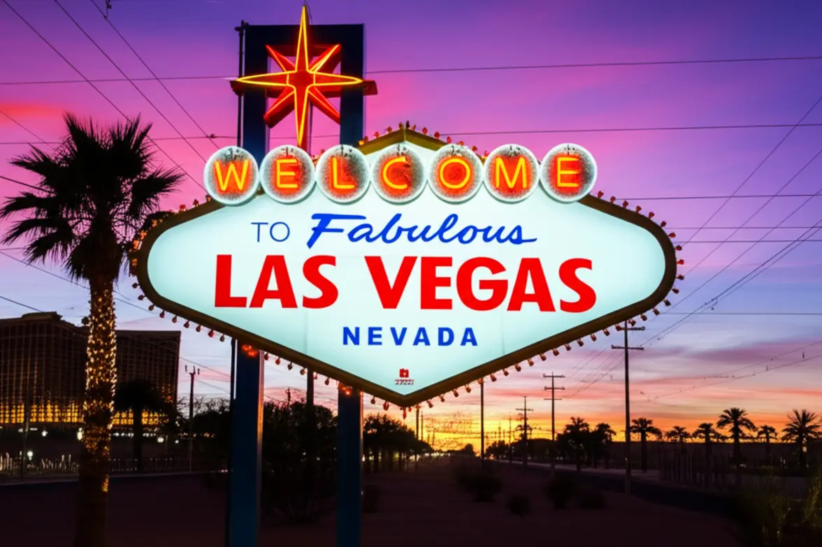 Placa Welcome to Fabulous Las Vegas iluminada com luzes neon sob o céu azul.