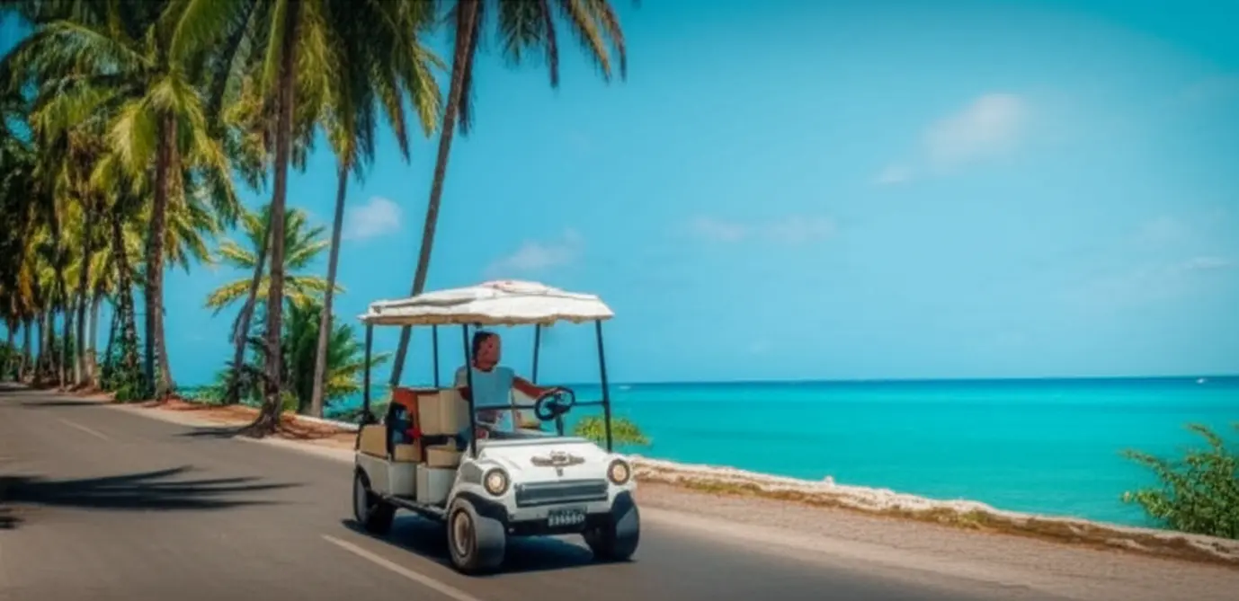 Casal em um carrinho de golfe branco em uma estrada costeira de San Andrés.