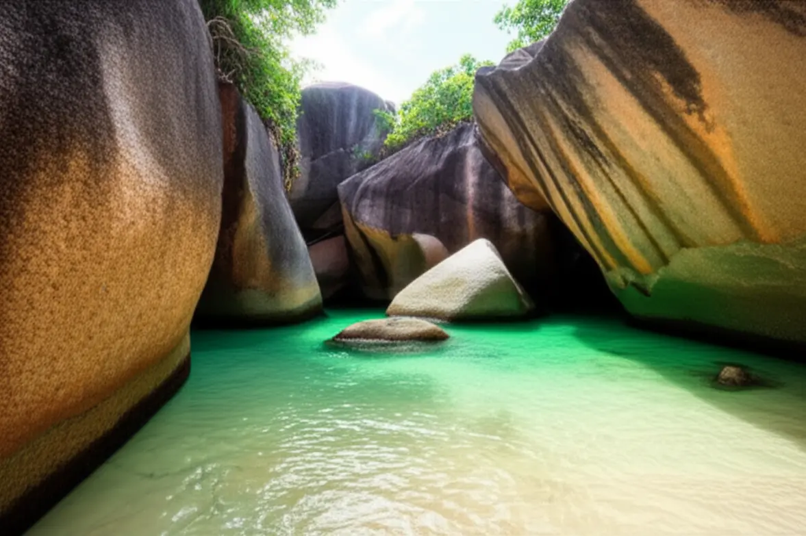 As formações rochosas gigantes de The Baths em Virgin Gorda, perto de Tortola.