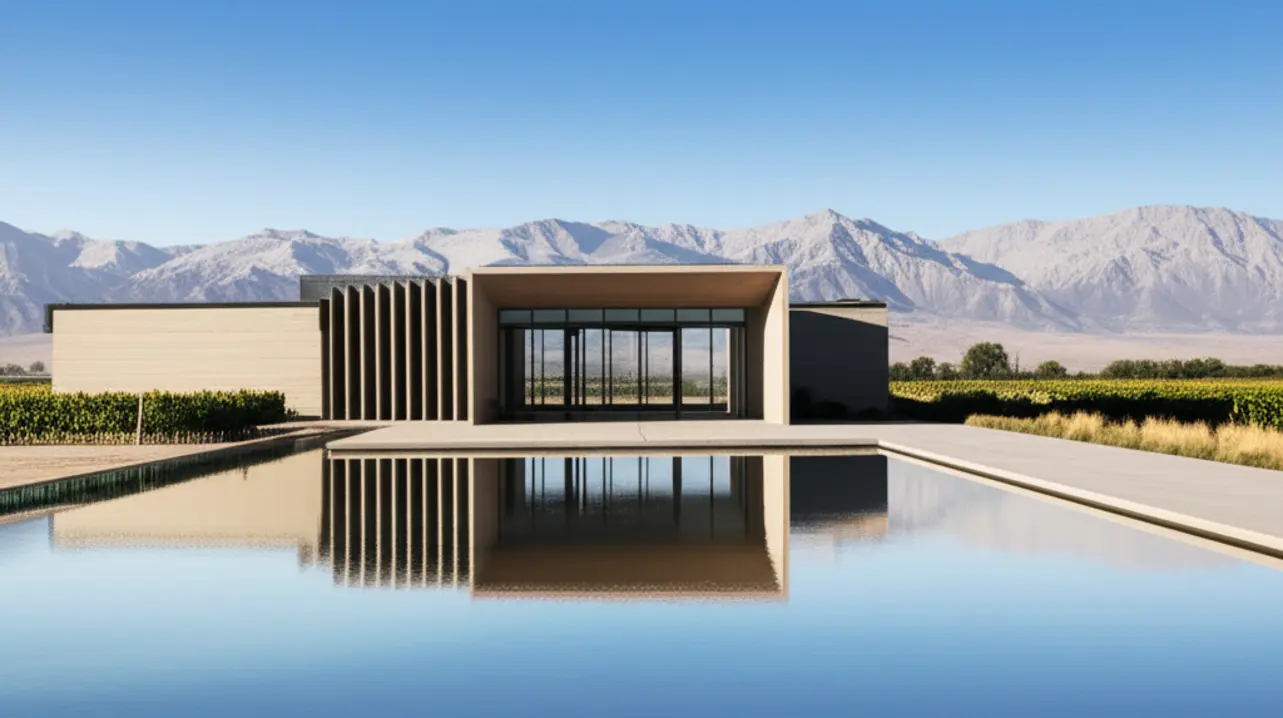 Arquitetura moderna de uma vinícola no Valle de Uco com montanhas ao fundo.