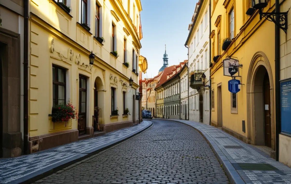 Rua de paralelepípedos limpa e segura no bairro judeu de Praga durante a manhã.