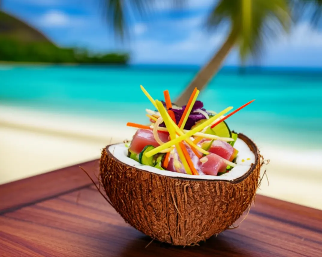 Prato de Poisson Cru servido em um coco sobre mesa de madeira.