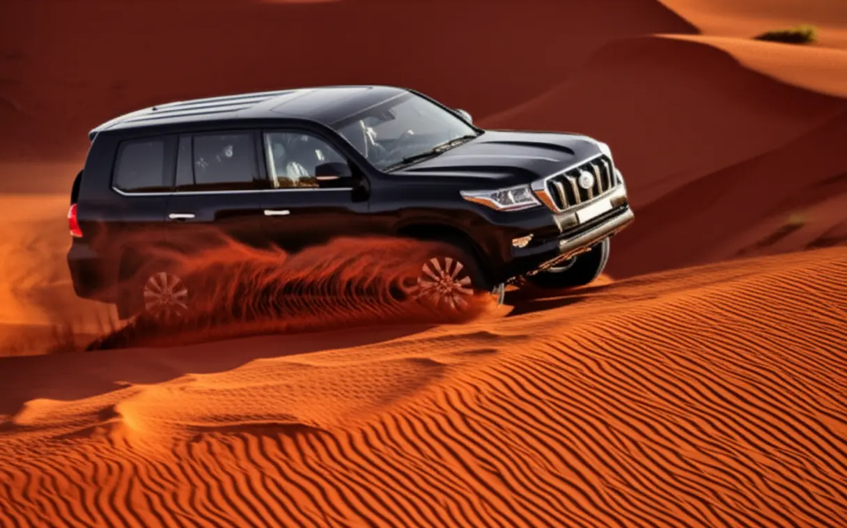 Carro de safári subindo dunas de areia vermelha no deserto de Dubai.