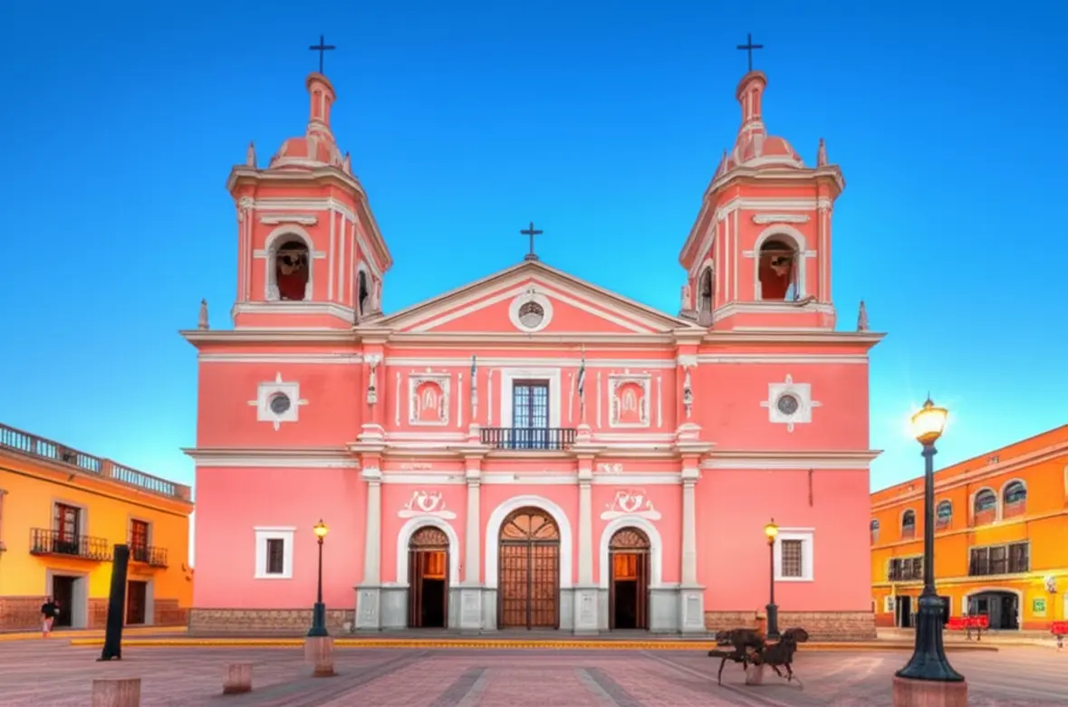 Fachada da Catedral Basílica de Salta sob uma luz dourada de pôr do sol.