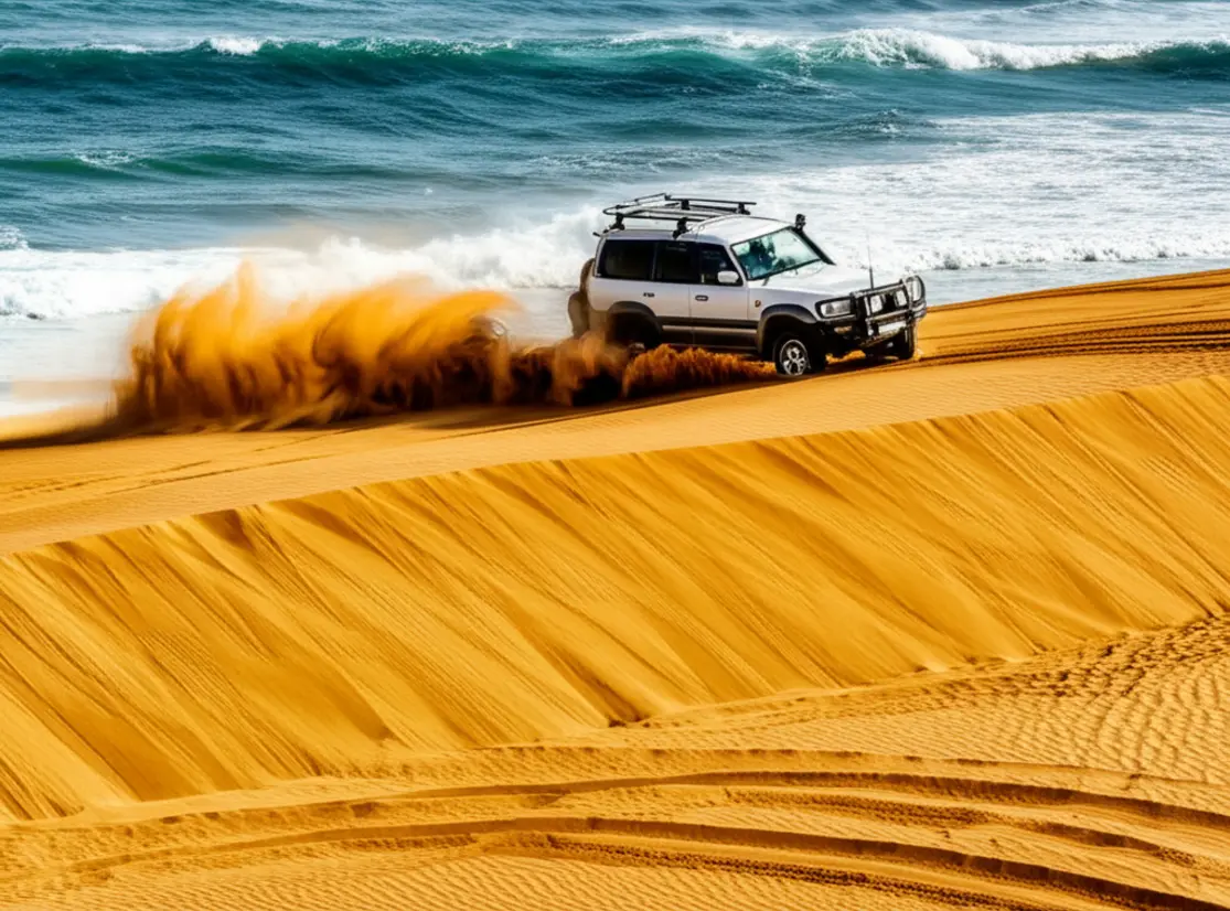 Um veículo 4x4 navegando pelas cristas das dunas de Sandwich Harbour com o oceano ao fundo.