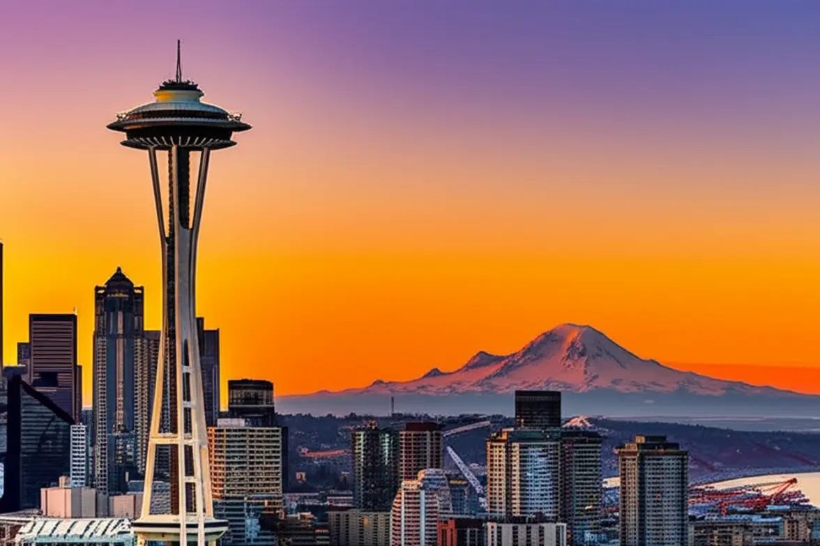 O horizonte de Seattle com o Space Needle e o Mount Rainier ao fundo.