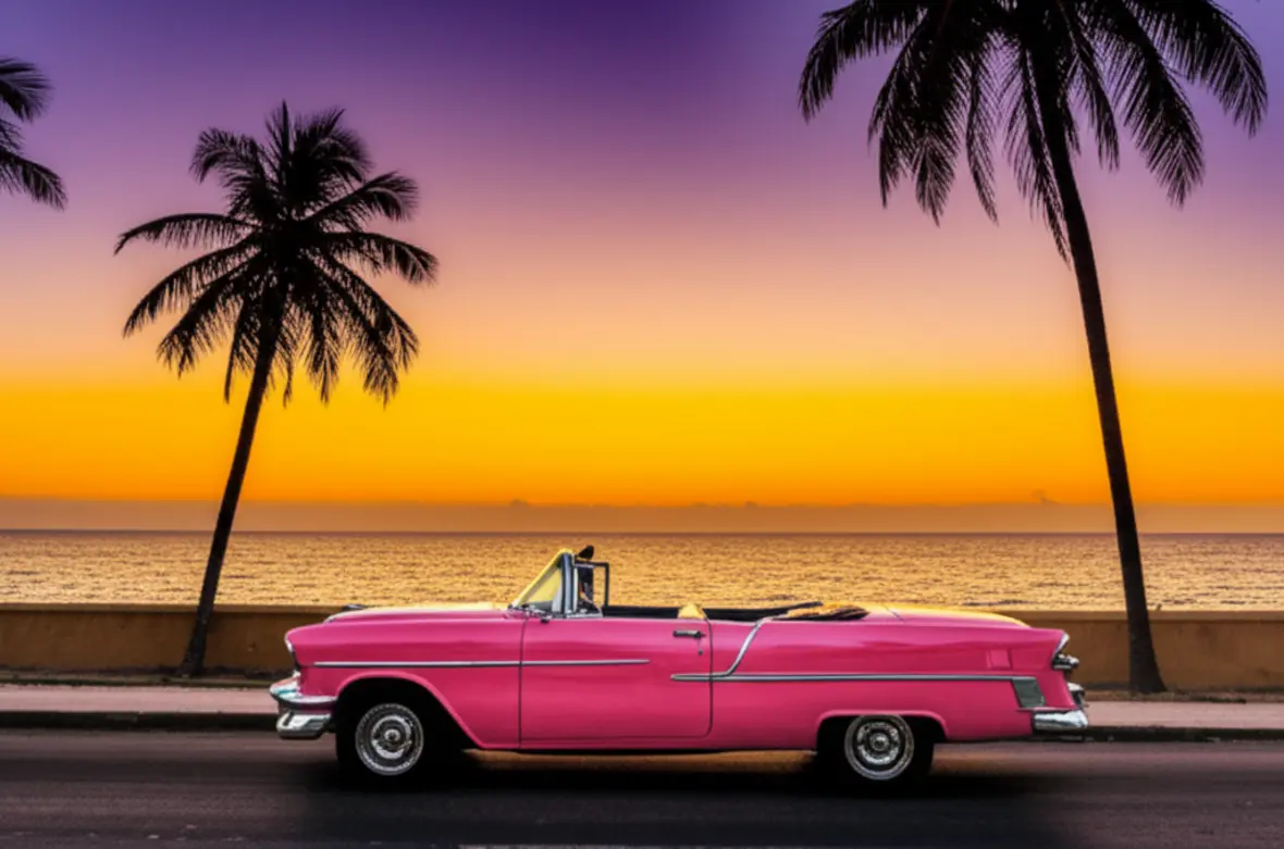 Carro clássico conversível estacionado em Varadero durante um pôr do sol sereno.