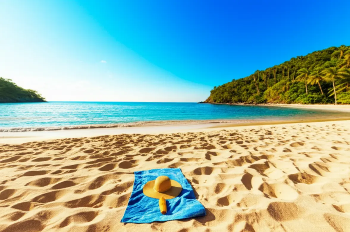 Cena tranquila de uma praia segura em Tortola com uma bolsa de palha e protetor solar.
