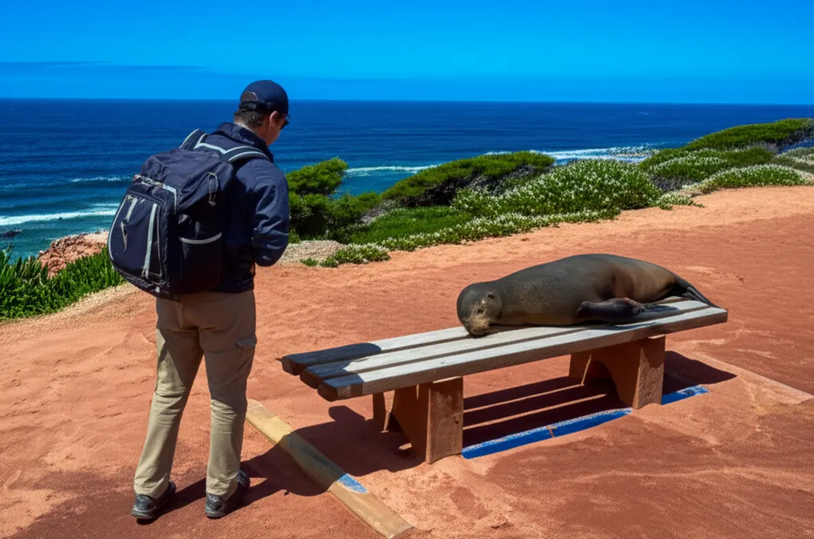 Turista observando um leão-marinho a uma distância segura.