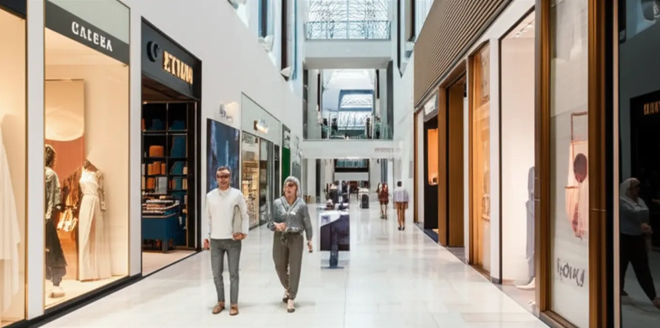 Pessoas caminhando com trajes respeitosos em um shopping luxuoso de Abu Dhabi.