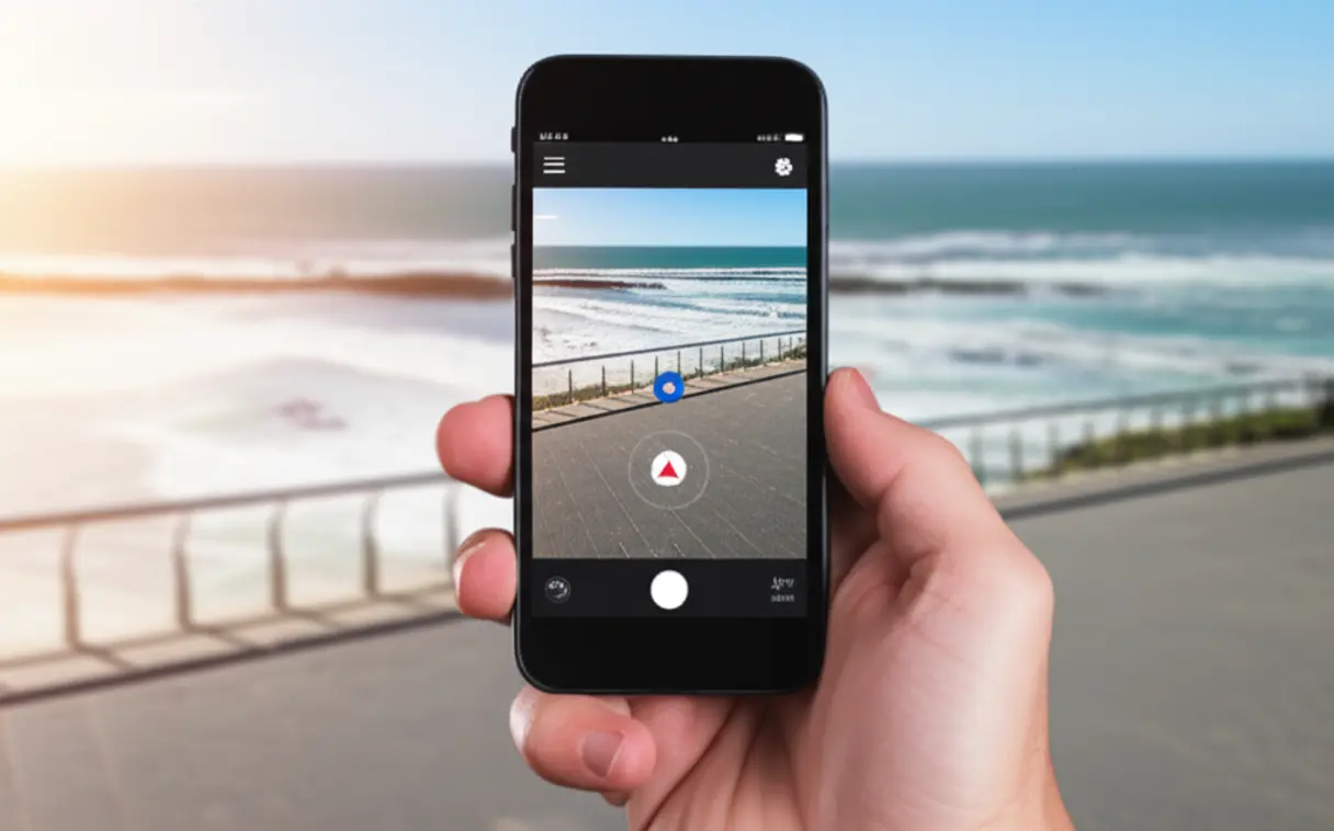 Uma mão segurando um smartphone com um aplicativo de mapas em um mirante seguro da Cidade do Cabo.