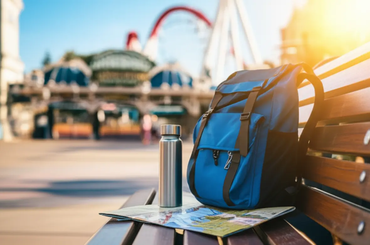 Uma mochila de turista com uma garrafa de água e mapa de parque sobre um banco de madeira.