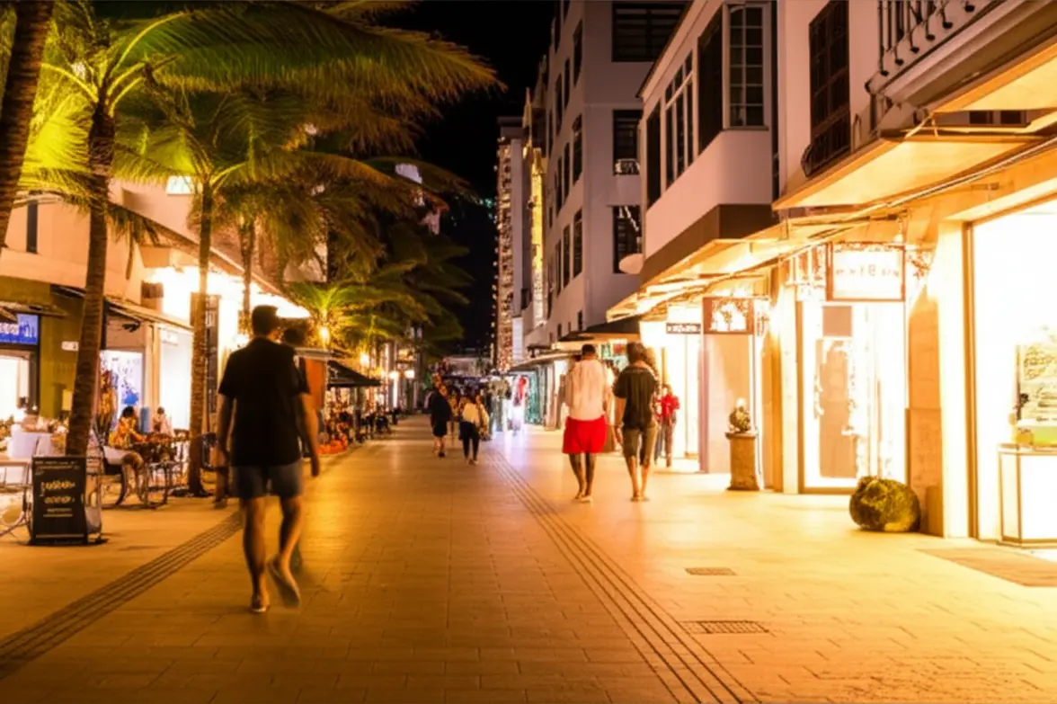 Rua luxuosa e segura na Península de Punta del Este à noite.