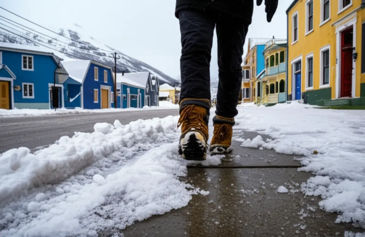 Pessoa caminhando com botas de neve em uma rua de Ushuaia.