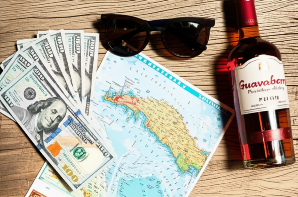 Mesa de madeira com dólares americanos, um mapa turístico e um licor local.