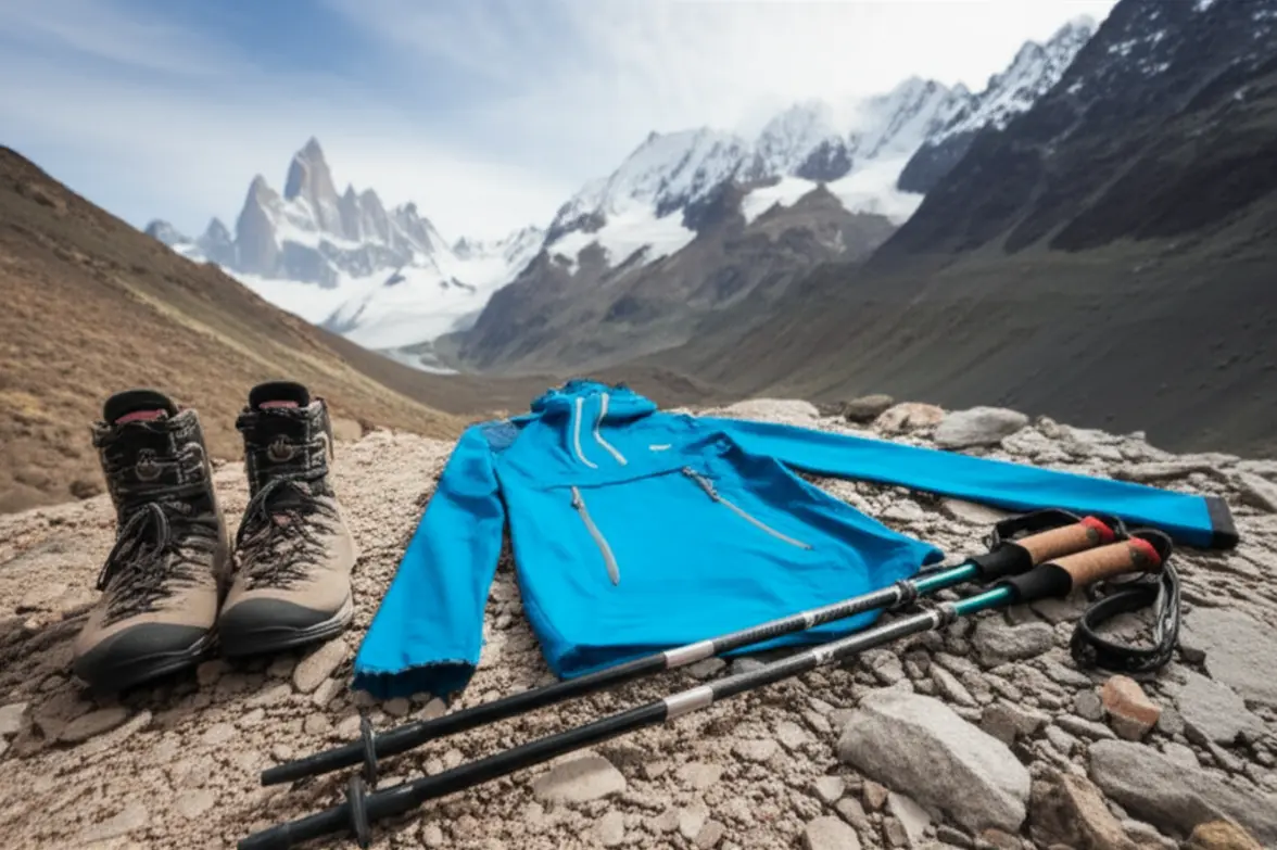 Equipamento de trekking profissional e roupas em camadas sobre solo rochoso.