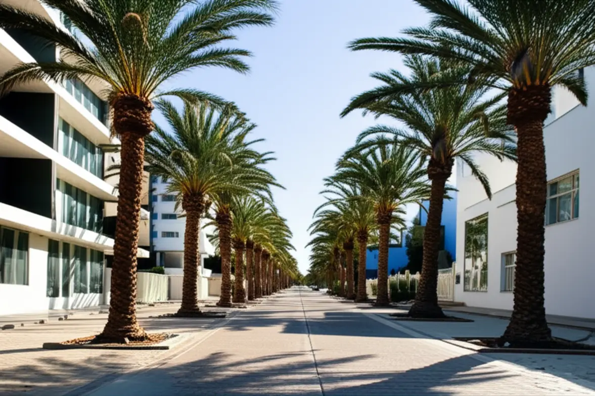 Rua limpa e arborizada em um bairro residencial de Windhoek.