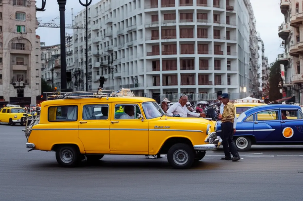 Turista conversando com motorista de táxi clássico amarelo em Havana.