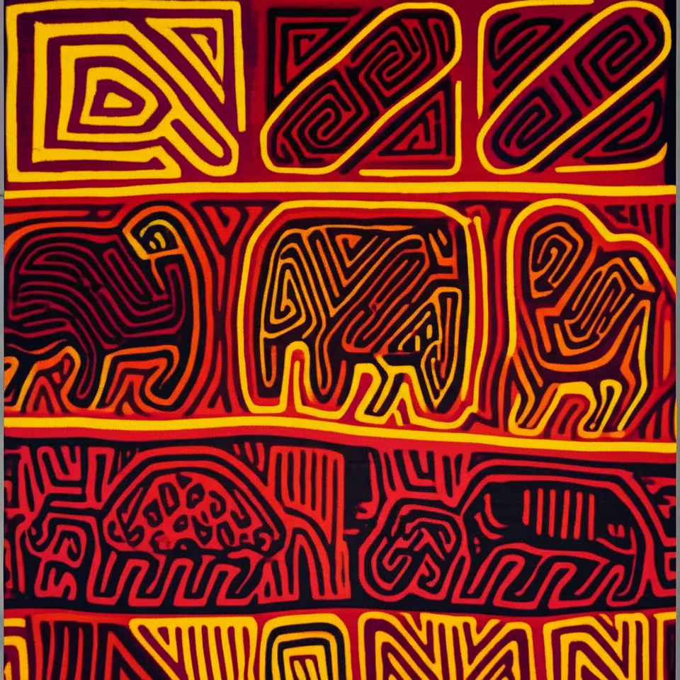 Artesanato tradicional Mola do povo Guna com cores vibrantes.