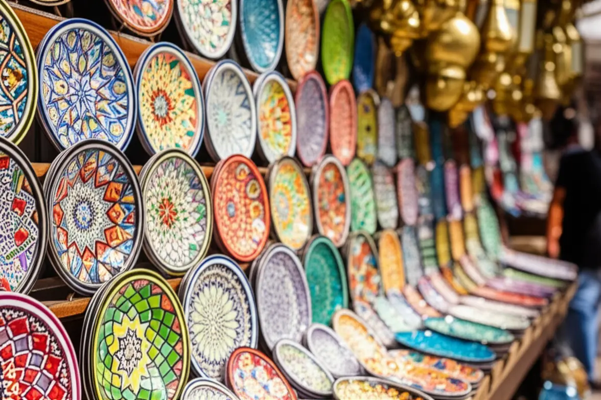 Pratos de cerâmica artesanal pintados à mão em um mercado tunisiano.