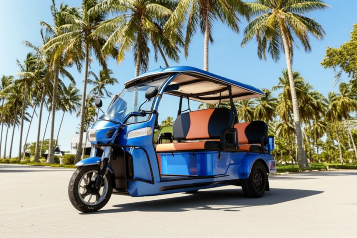 Triciclo elétrico azul (E-trike) circulando pelas ruas limpas de Boracay.