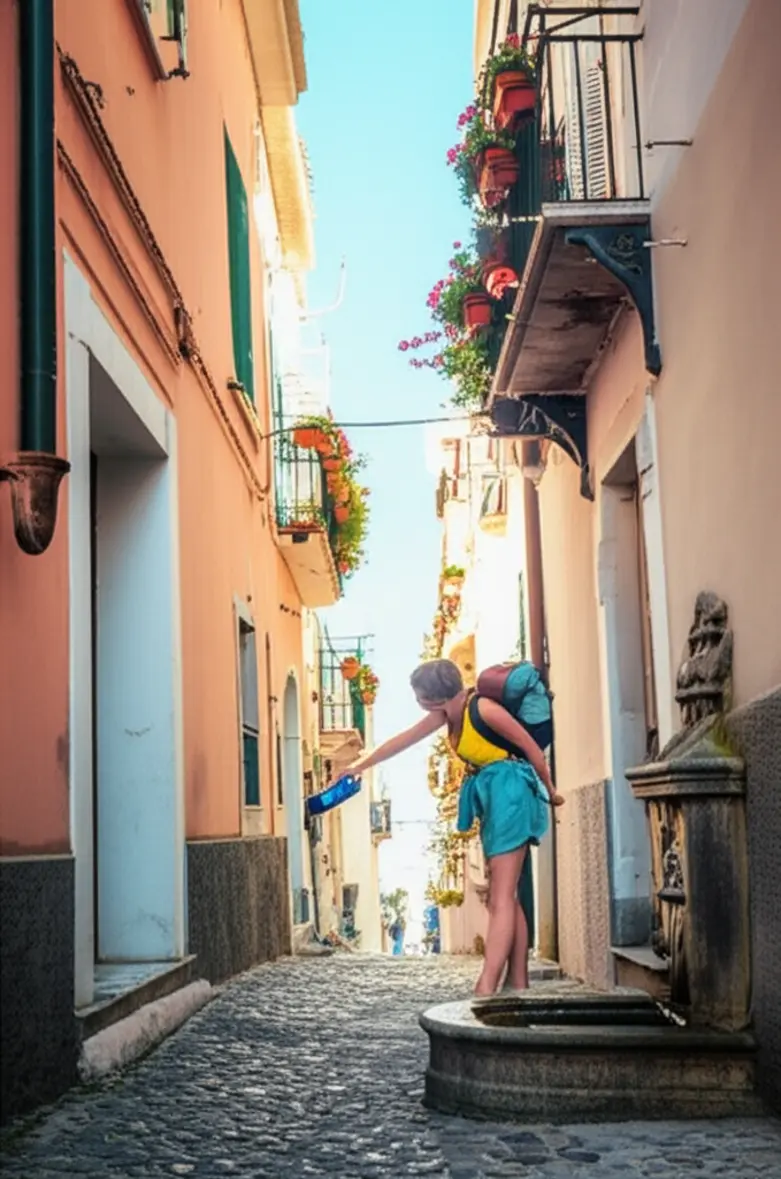 Viajante enchendo garrafa de água em uma fonte de pedra antiga em uma viela italiana.