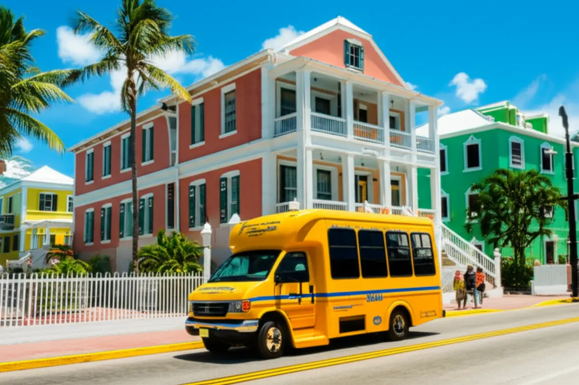Rua colorida e limpa em George Town com arquitetura colonial caribenha sob o sol.
