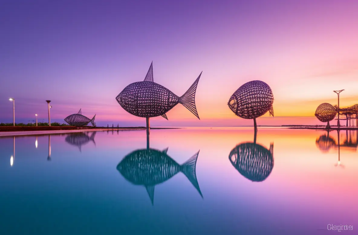 Esculturas de peixes prateados na Esplanade Lagoon de Cairns durante o pôr do sol.